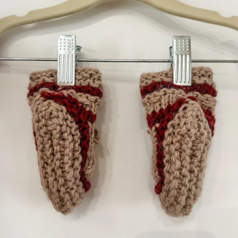 Knit Baby Booties 6-12 Mos Beige Burgundy Maple Leaf Lined Booties Handmade Wool